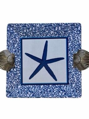 Mud Pie Blue and White Starfish Large Melamine Square Tray with Shell Handles